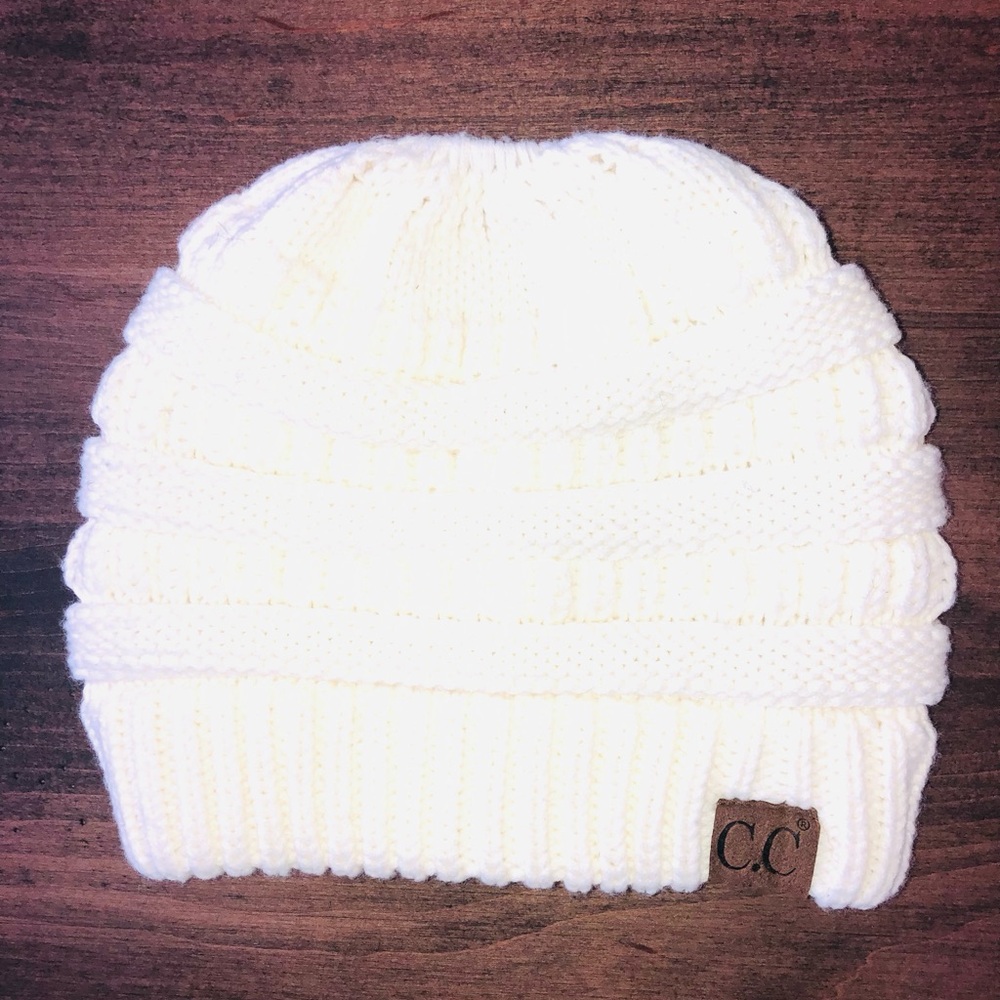 C.C. Ponytail Cable Knit Beanie Hat- Ivory